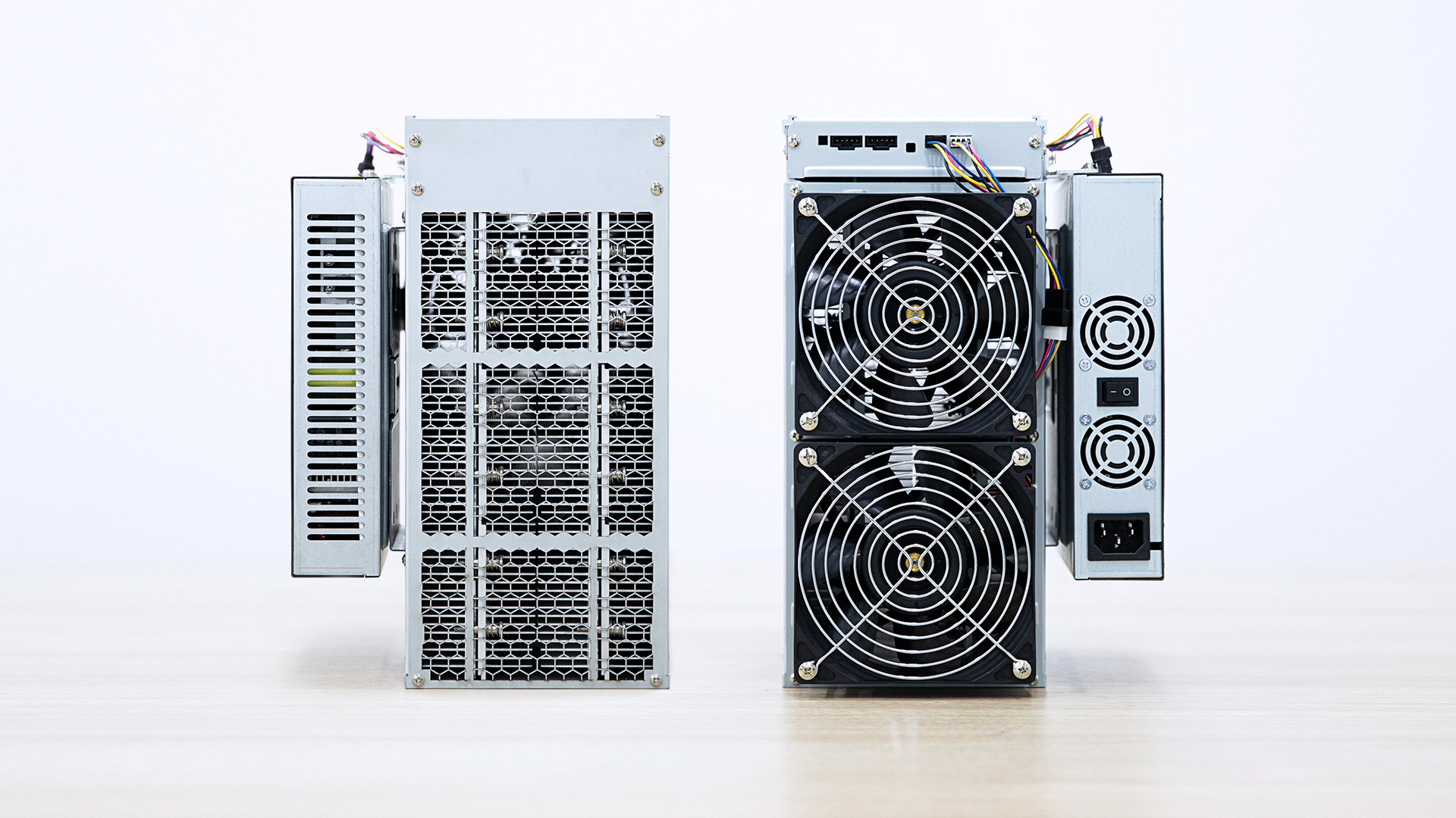 Front and rear views of Canaan AvalonMiner A10 mining hardware in a 2019 manufacturer photograph