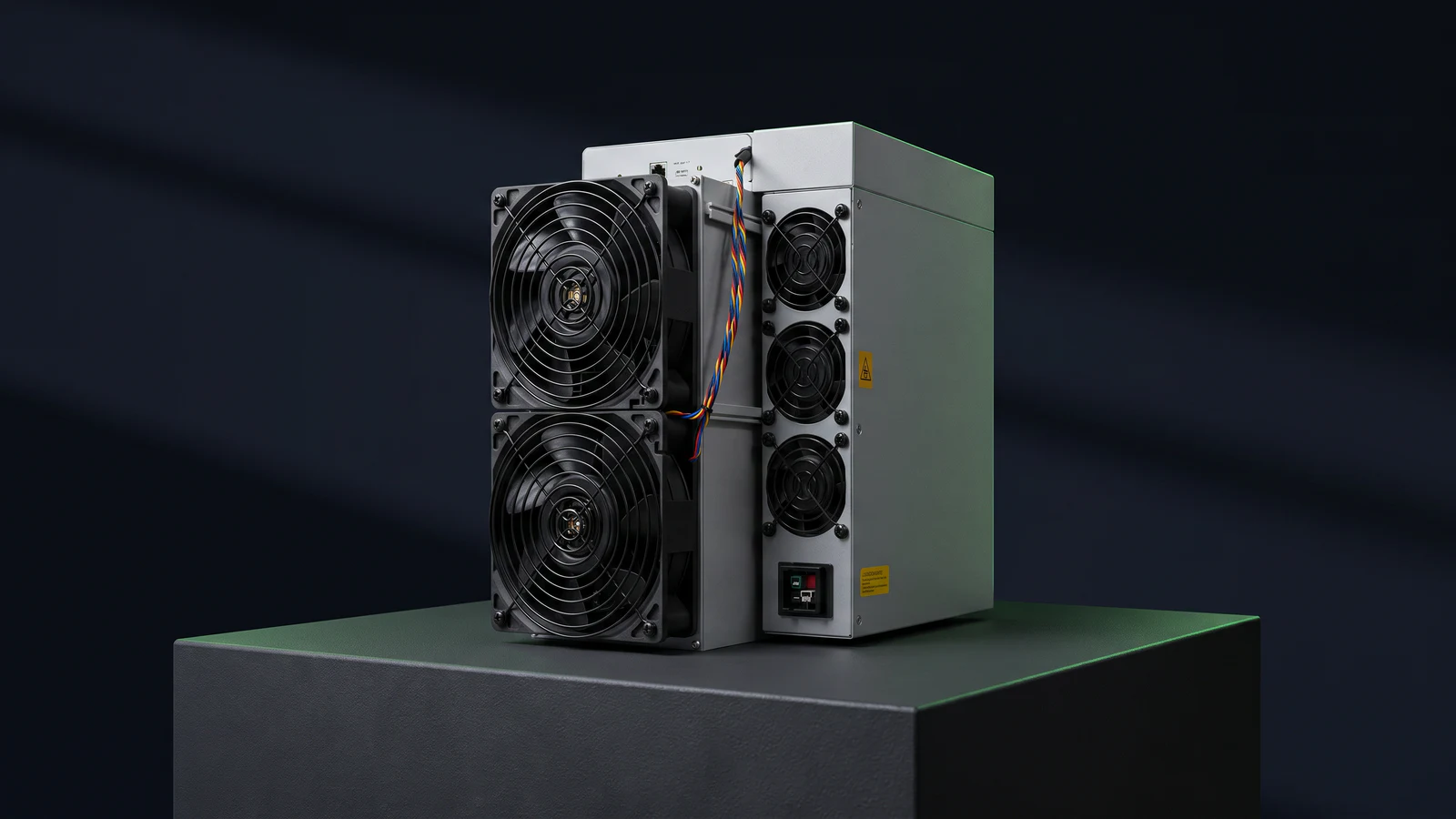 ASIC mining hardware shown at a three-quarter angle